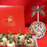 Happy New Year large chocolate covered caramel apples and hand dipped Chocolate Covered Strawberries
