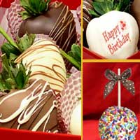 Happy Birthday large chocolate covered caramel apples and hand dipped Chocolate Covered Strawberries