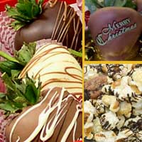 Delivered Merry Christmas gift of chocolate covered strawberries with hand dipped chocolate chip of cookies,