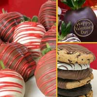 Delivered Happy Valentine's gift of chocolate covered strawberries with your selection of combo item of cookies, popcorn, madelines, mini-cheesecakes, or oeros