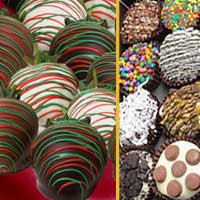 Red and Green Christmas Chcolate frosted cupcakes & Chocolate Covered Strawberries delivered nationwide