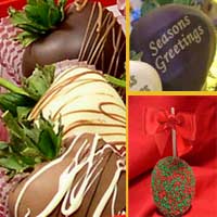 Seasons Greetings large chocolate covered caramel apples and hand dipped Chocolate Covered Strawberries