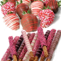 Valentines pretzels and strawberries both dipped in chocolate