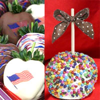 Patriotic large chocolate covered caramel apples and hand dipped Chocolate Covered Strawberries