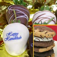 Delivered Hanukkah gift of chocolate covered strawberries with hand dipped cookies