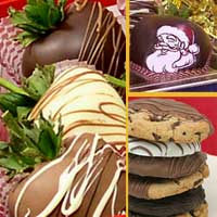 Delivered Christmas Santa chocolate covered strawberries with your selection of combo item of cookies, popcorn, madelines, mini-cheesecakes, or oeros
