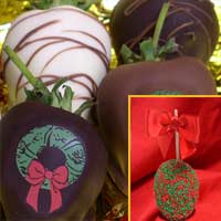 Festive Wreath large chocolate covered caramel apples and hand dipped Chocolate Covered Strawberries