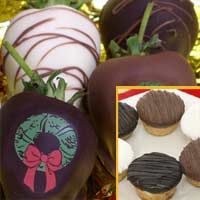 Delivered christmas gift of fancy chocolate covered strawberries with your selection of combo item of cookies, popcorn, madelines, mini-cheesecakes, or oreos